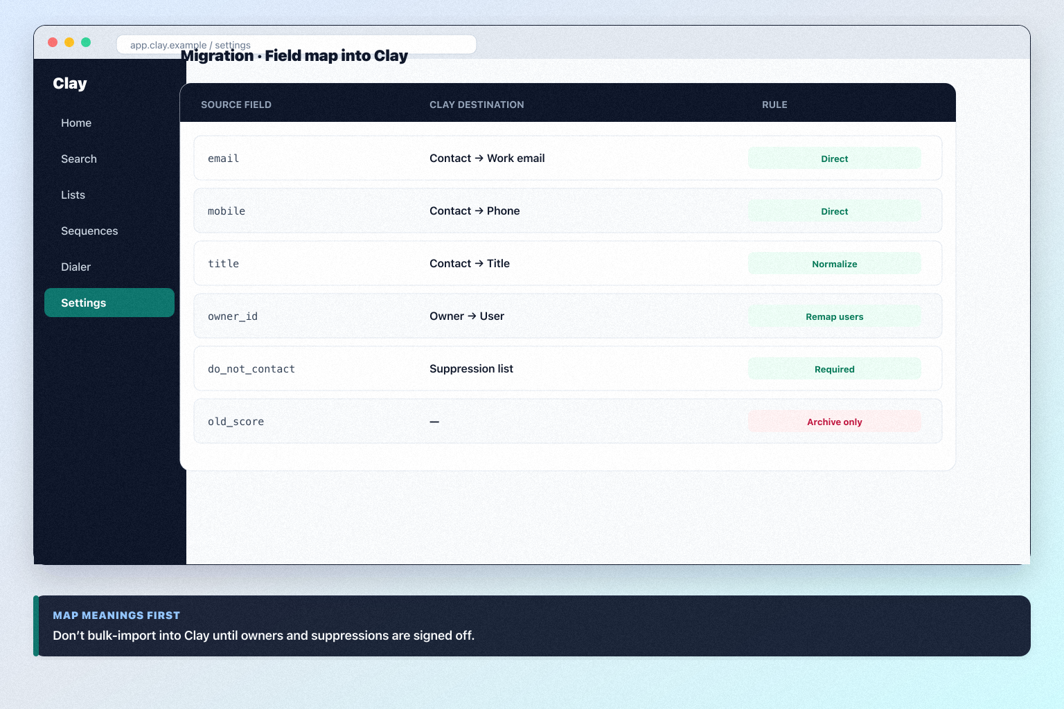 Clay migration hero: export → map → pilot → validate path into sales intelligence.