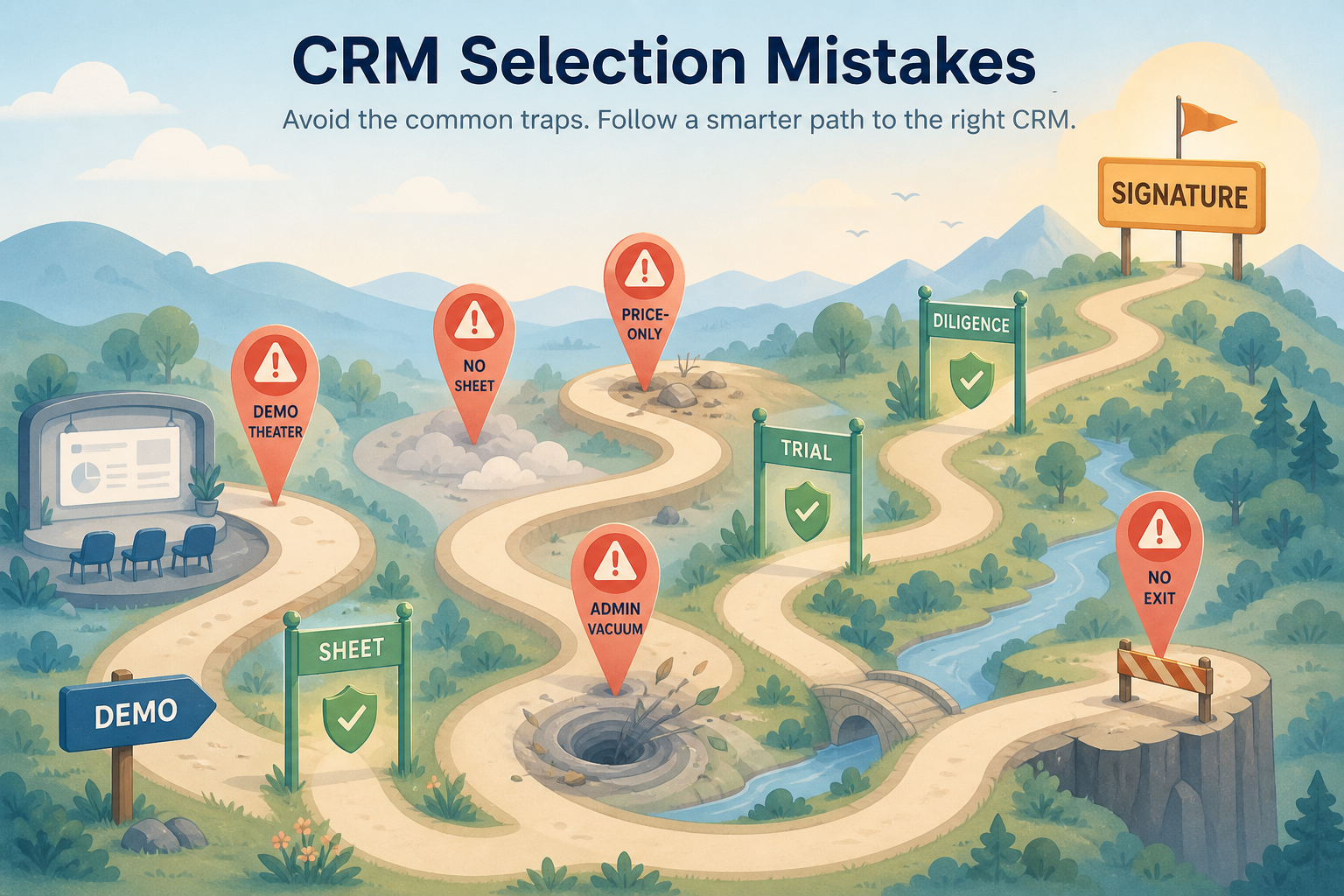 CRM selection mistakes hero: warning signs on a path from Demo to Signature with detour gates labeled Sheet, Trial, Diligence.