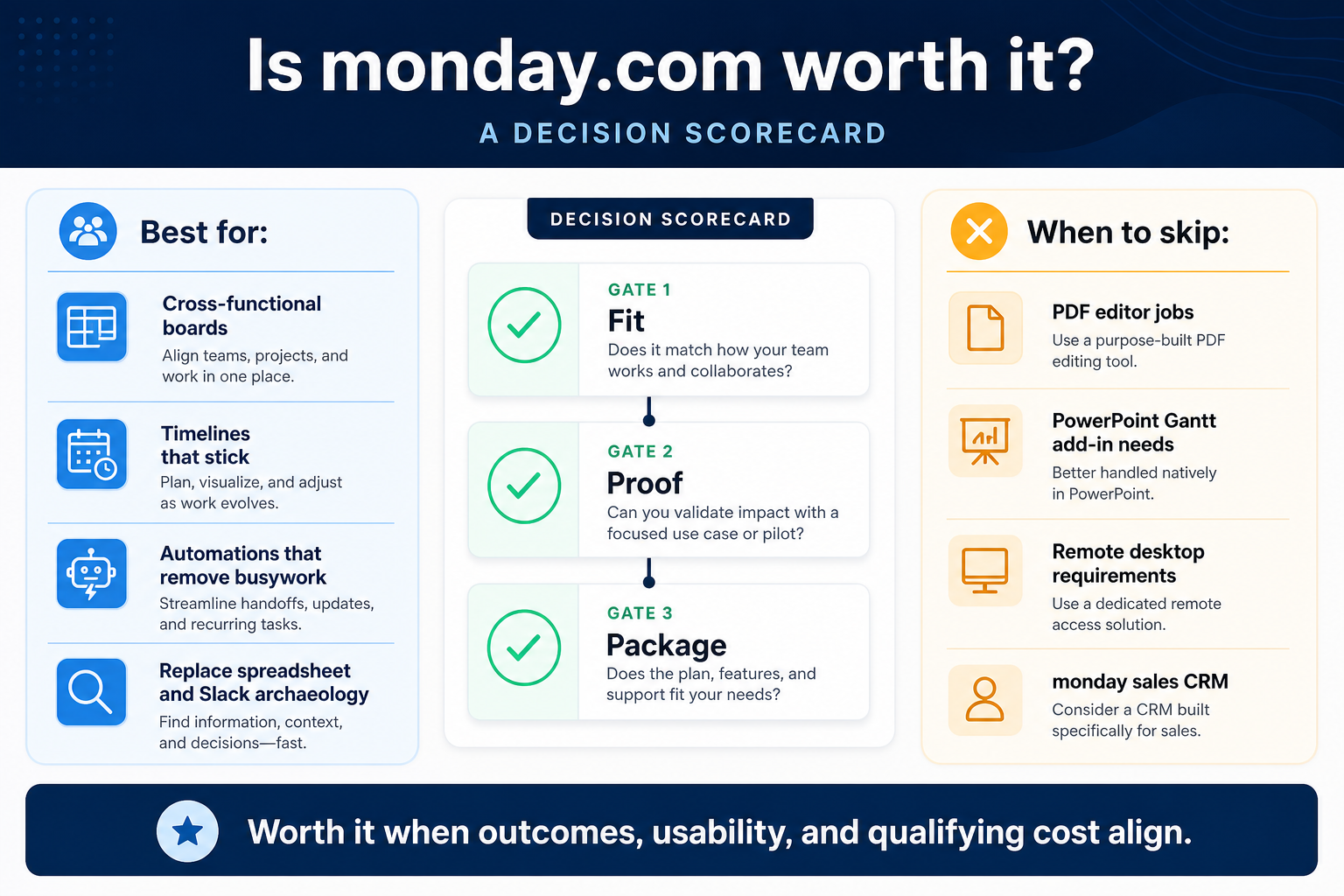 monday.com worth-it hero: fit vs not-fit decision gates leading to buy, trial, or keep looking.