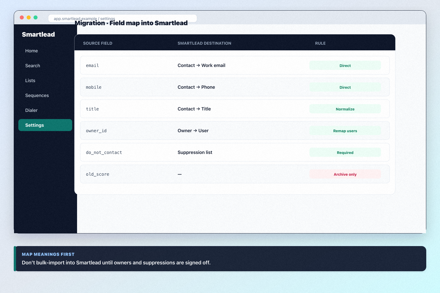 Smartlead migration hero: export → map → pilot → validate path into sales intelligence.