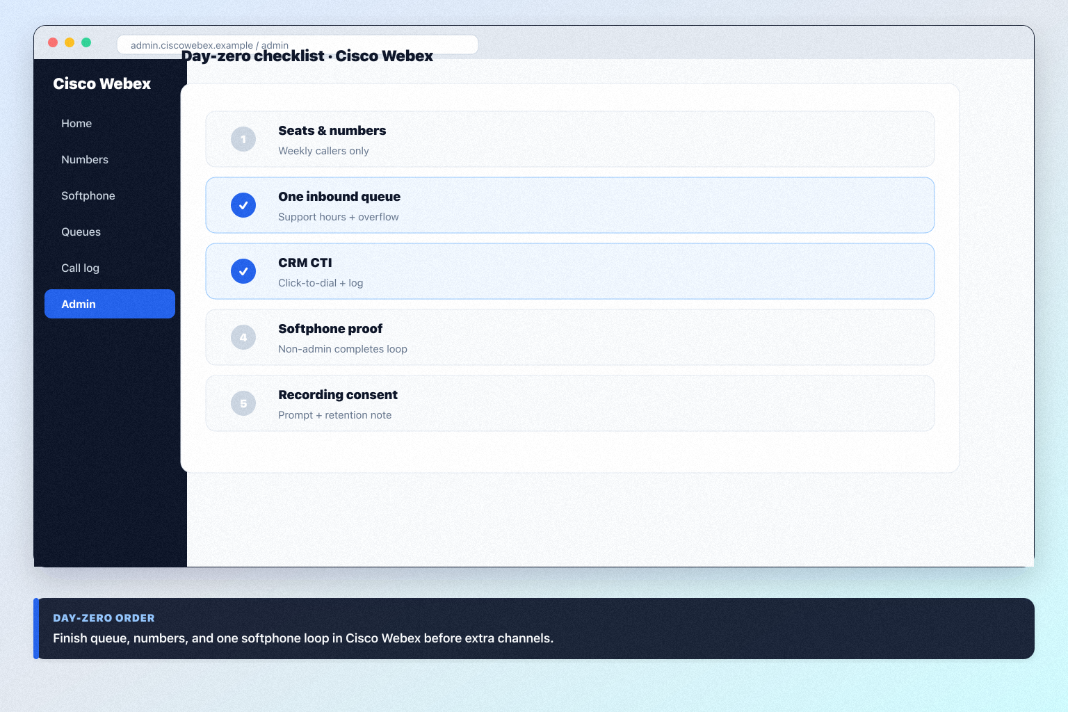 Cisco Webex setup hero: account → numbers → routing → softphone → CRM log checklist.