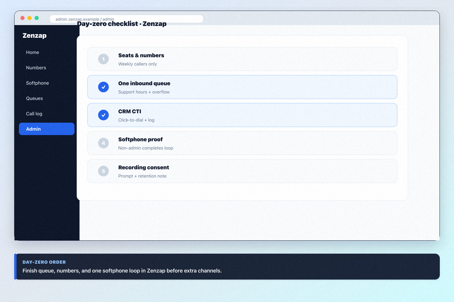 Zenzap setup hero: account → numbers → routing → softphone → CRM log checklist.